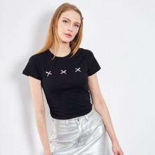 RBG Store Crop Y2K Kurdela Detay Detay Kısa Kollu Bisiklet Yaka Bapul M