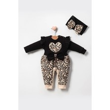 Candar 3-6-9 Ay Kız Bebek Tulum Leopar Desen Fiyonklu Siyah