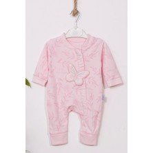 Candar 3-6-9 Ay Kız Bebek Tulumu Kelebek Nakışlı %100 Pamuk Ayaklı Pembe
