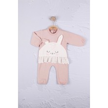 Candar 3-6-9-12 Ay Kız Bebek Tulum Tavşan Nakışlı Güpürlü %100 Pamuk Gül Kurusu