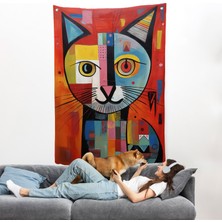 Harita Sepeti Pablo Picasso Tarzı - Soyut Renkli Kedi Duvar ÖRTÜSÜ-7372