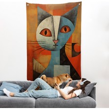 Harita Sepeti Pablo Picasso Tarzı - Soyut Renkli Kedi Duvar ÖRTÜSÜ-7373