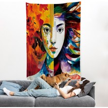 Harita Sepeti Renkli Soyut Kadın Duvar ÖRTÜSÜ-8014