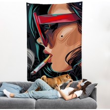 Harita Sepeti Sigara Içen Pop Art Kadın Duvar ÖRTÜSÜ-7929