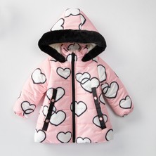 Podium Giyim Özel Tasarım Sevimli Kalp Baskılı Içi Kürklü Varaklı Soft Kumaş Cepli Kapüşonlu Kışlık Mont- Kaban