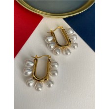 Pinery Jewels Vıp Seri - Sıralı Iri Top Incili Sallantılı Altın Kaplama Küpe Çifti