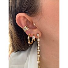 Pinery Jewels Baget Taşlı Altın Kaplama Kadın Earcuff Kıkırdak Küpe