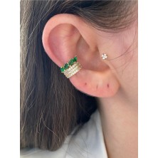 Pinery Jewels Zümrüt Damla Taşlı 3 Sıra Altın Kaplama Kadın Earcuff Kıkırdak Küpe