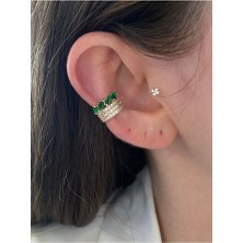 Pinery Jewels Zümrüt Damla Taşlı 3 Sıra Altın Kaplama Kadın Earcuff Kıkırdak Küpe