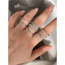 Pinery Jewels Zirkon Taşlı Gümüş Renk Çoklu Kadın Yüzük Seti