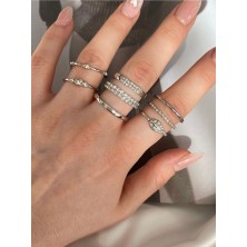 Pinery Jewels Zirkon Taşlı Gümüş Renk Çoklu Kadın Yüzük Seti