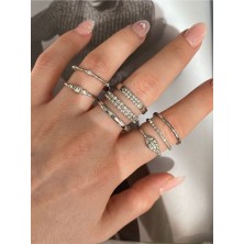 Pinery Jewels Zirkon Taşlı Gümüş Renk Çoklu Kadın Yüzük Seti