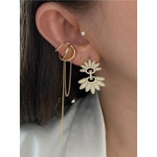 Pinery Jewels Sallantılı Zirkon Taşlı Altın Kaplama Kadın Earcuff Kıkırdak Küpe