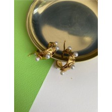Pinery Jewels Top Incili Çelik Kararmaz Altın Kaplama Küpe Çifti