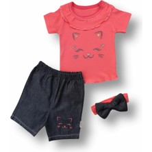 Narnuga 6-9 9-12 12-18 Ay Vip Kedi Baskılı Bandanalı Kısa Kollu Sweat 3lü Kız Bebek Takımı