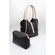 Casual Bag Siyah-Krem Kadin Yavrulu Omuz Çanta