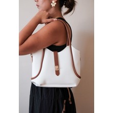 Casual Bag Beyaz-Kahve Kadin Yavrulu Omuz Çanta
