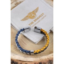 Mr. Hero Mrhero Unisex  Double Çift Örgü Hakiki Deri El Yapımı Bileklik MH037 Lacivert-Sarı