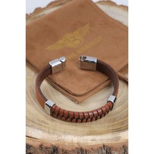 Mr. Hero Mrhero Erkek Örgü Yılan Parçalı El Yapımı Hakiki Deri Bileklik MH027 Taba Rengi