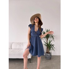 Life Co Göğüs Dekolteli Kolları Volanlı Elbise Mavi
