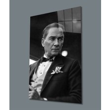 Exela Home Atatürk Siyah Beyaz Dikey Cam Tablo Hediyelik Büyük Tablo Ev Ofis Dekoru