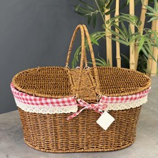 By Hanedan Rattan Piknik Sepeti Oval Kapaklı Dekoratif Sepet Kulplu