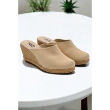 Y&D Shoes Yd Shoes Kadın Keten Dolgu Topuk 7 cm Önü Kapalı Günlük Terlik Konforlu ve Kaymaz Taban