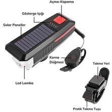 Kornea Store Solar Enerjili USB ile Şarj Edilebilir Ledli Bisiklet Feneri Kornalı ve Su Geçirmez Far