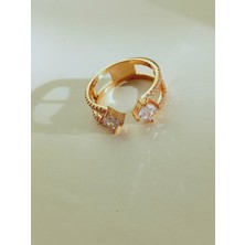 Keskin Gümüş 925 Ayar Gümüş Zirkon Baget Gold Taşlı Kare Vintage Tasarım Kadın Yüzük Doğum Günü Hediye