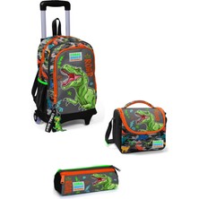 Coral High Kids Siyah Gri Dinozor Desenli Üç Bölmeli Çekçekli Okul 3'lü Çanta Seti 3SET23944