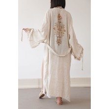 Hiera Made Organik Ağaç Baskı Organik Kahverengi  Kök Boya Baskılı Uzun Keten Kimono