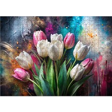 Ekart Ahşap Mdf Puzzle Yapboz Pembe Beyaz Laleler 500 Parça 50*70 cm