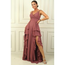 By Saygı Kadın Ip Askılı Yanları Yırtmaçlı Astarlı Volanlı Şifon Uzun Elbise