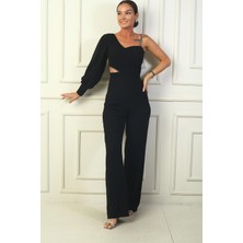 By Saygı Kadın Tek Kollu Taşlı Ip Askılı Bel Dekolteli Krep Tulum