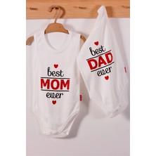 Candar Yeni Doğan 3-6-9-12 Ay Best Mom ve Dad Desenli Askılı  Body Beyaz