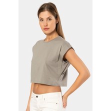 Türen 3402 Kadın Vatka Görünümlü Crop T-Shirt-Gri