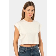 Türen 3402 Kadın Vatka Görünümlü Crop T-Shirt-Krem