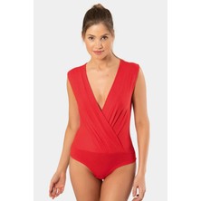 Türen 3502 Kadın Kruvaze Yaka Kalın Askılı Çıtçıtlı Body-Kırmızı