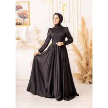 Yıldız Abiye Tüy ve Taş Detaylı Saten Tesettür Abiye (K19825)