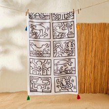 Bella Maison %100 Pamuk Keith Haring Cartoon Püsküllü Plaj Havlusu Siyah-Beyaz (90x160 cm)