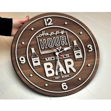 Bk Gift Barlara Özel Dekoratif Ceviz Ahşap Duvar Saati 35 cm -11 , Bar Duvar Saati , Cafe Duvar Saati , Özel Ahşap Saat