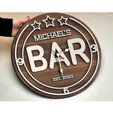 Bk Gift Barlara Özel Dekoratif Ceviz Ahşap Duvar Saati 35 cm -7 , Bar Duvar Saati , Cafe Duvar Saati , Özel Ahşap Saat