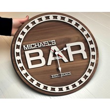 Bk Gift Barlara Özel Dekoratif Ceviz Ahşap Duvar Saati 35 cm -2 , Bar Duvar Saati , Cafe Duvar Saati , Özel Ahşap Saat