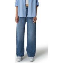 Mesfeno Clothing Mesfeno Palazzo Kadın Pantolon, Yüksel Bel, %100 Pamuk, Kot Rengi, Rahat Kesim, Denim Kumaş