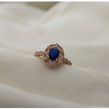 Giby Jewel Oval Mavi Taşlı Çiçekli 925 Ayar Minimal Gümüş Yüzük
