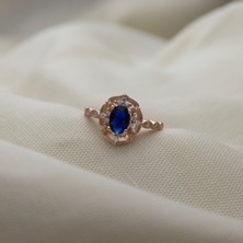 Giby Jewel Oval Mavi Taşlı Çiçekli 925 Ayar Minimal Gümüş Yüzük