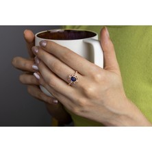 Giby Jewel Oval Mavi Taşlı Çiçekli 925 Ayar Minimal Gümüş Yüzük