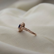 Giby Jewel Oval Mavi Taşlı Çiçekli 925 Ayar Minimal Gümüş Yüzük