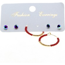 X-lady Accessories Altın Renk Kombin Yuvarlak Kırmızı Boncuk Küpe - 2829