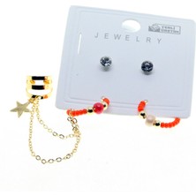 X-lady Accessories Altın Renk Yuvarlak  Kıkırdak Kombin Turuncu Boncuk Küpe - 2848